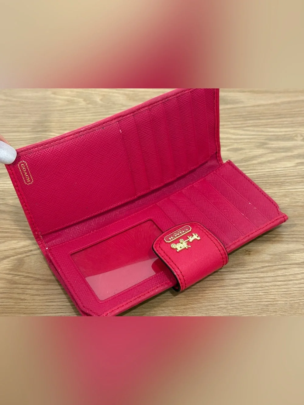 Coach Beige Signature Canvas Wallet with Red Trim